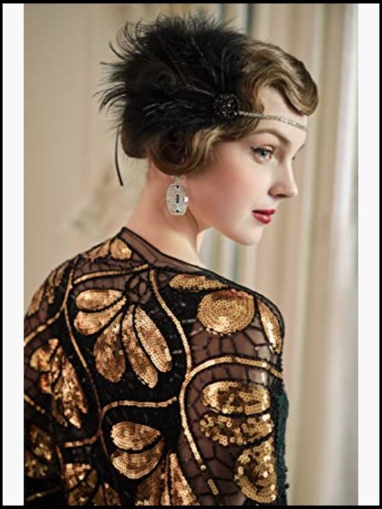 1920s Flapper Headband Ostrich Feather Headpiece with Crystal Rhinestones
